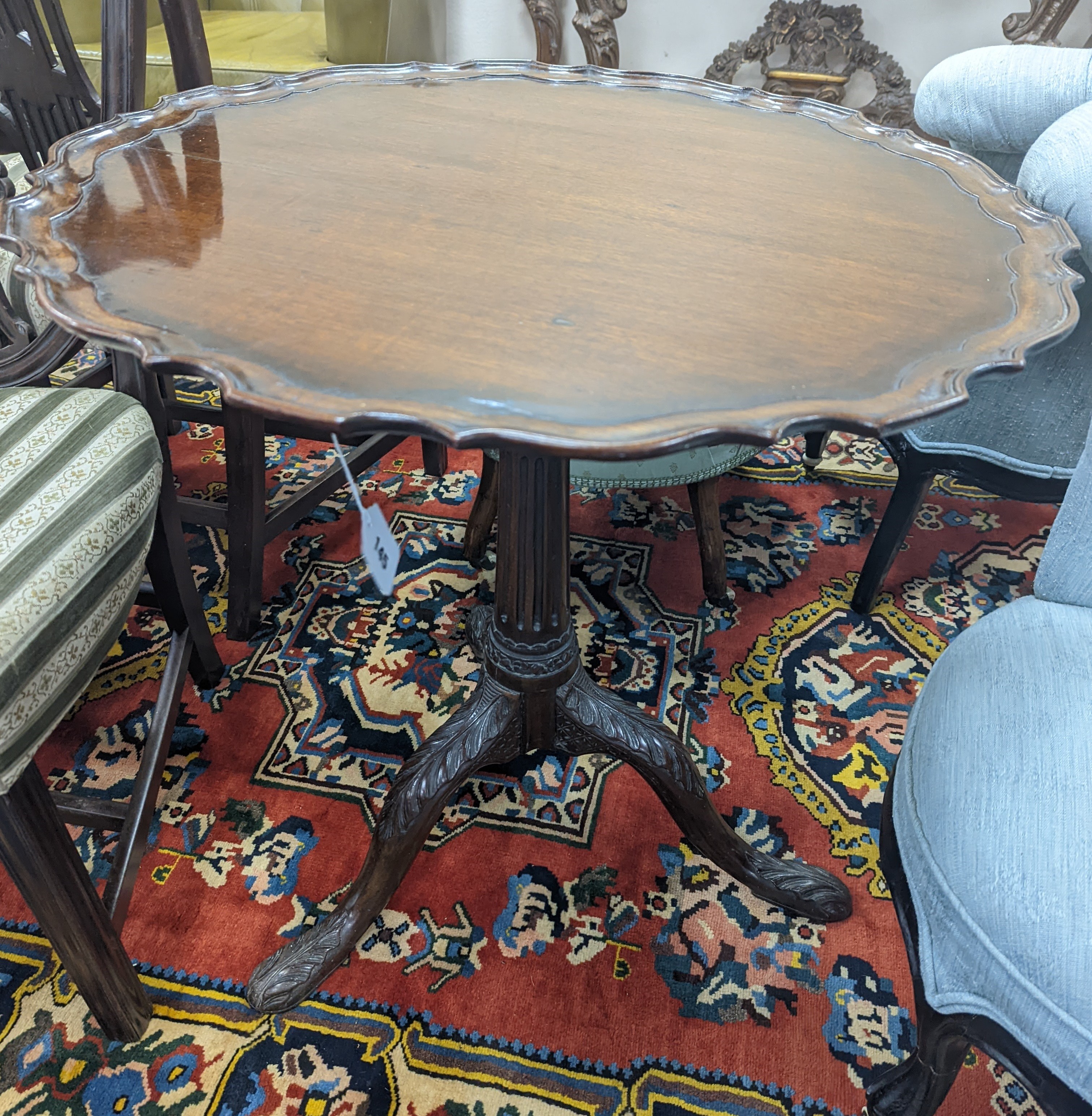 A George III and later circular mahogany tilt top birdcage tea table, diameter 69cm, height 72cm